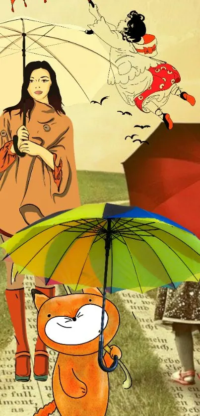 Whimsical art wallpaper with colorful umbrellas and characters.