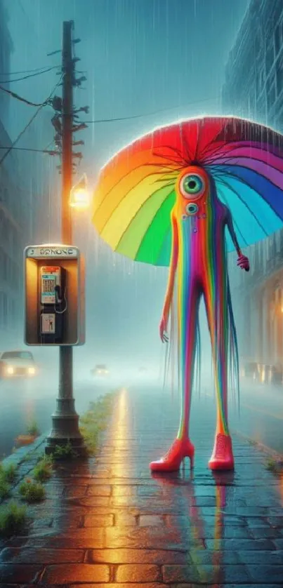 Surreal scene with colorful umbrella-holding creature on rainy street.