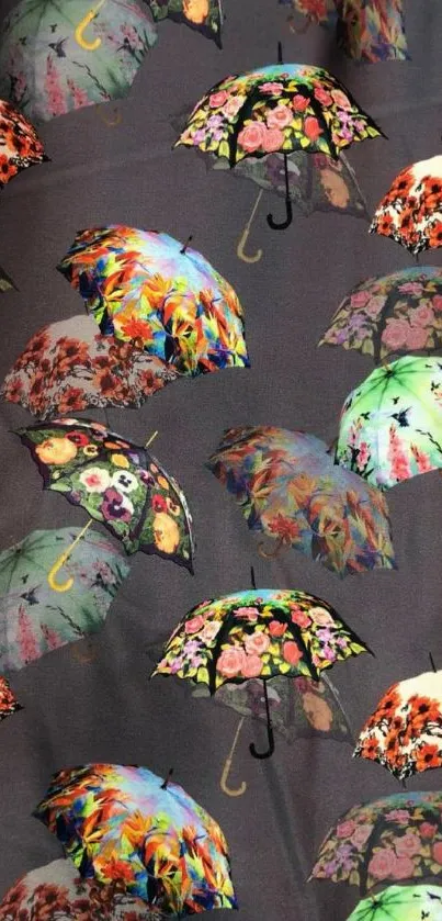 Mobile wallpaper with colorful floral umbrellas on dark gray background.