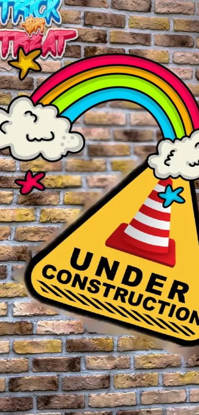 Colorful 'Under Construction' design with rainbow and clouds on brick background.