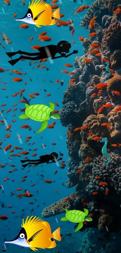 Diving silhouettes with tropical fish and turtles in colorful underwater scene.