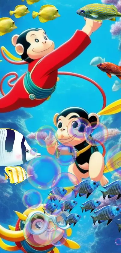 Playful monkeys and tropical fish in colorful underwater art.