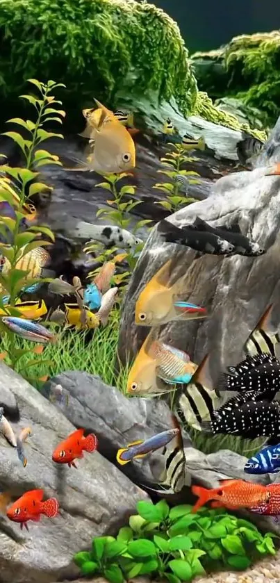 Colorful aquarium with tropical fish and lush aquatic plants.