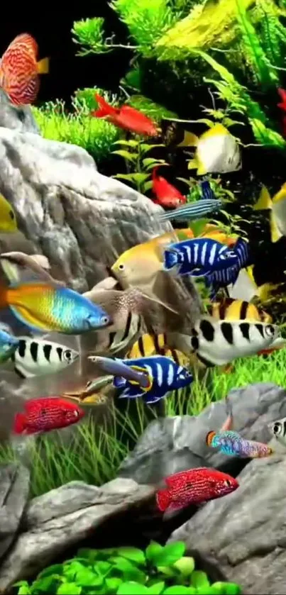 Colorful fish swim in a vibrant underwater aquarium scene with lush greenery.