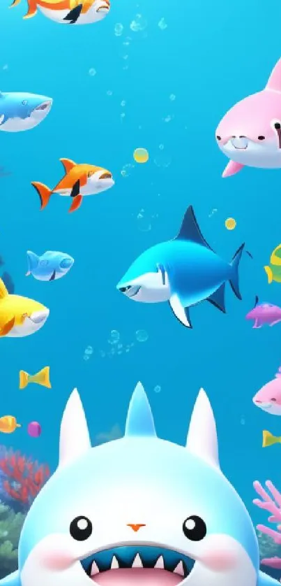 Vibrant cartoon ocean wallpaper with playful sharks and tropical fish.