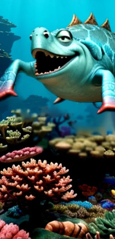 Cartoon sea creature swimming in a colorful coral reef scene.