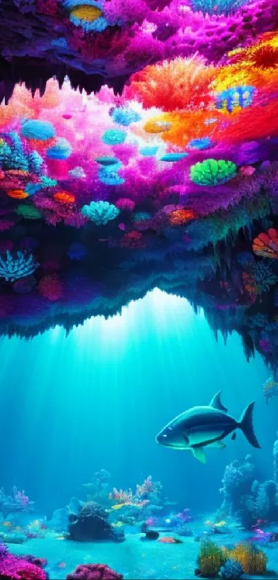 Vibrant underwater cavern with colorful corals and a fish swimming below.