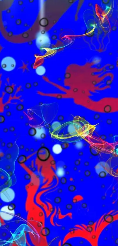 Abstract underwater wallpaper with colorful mermaids and neon bubbles.