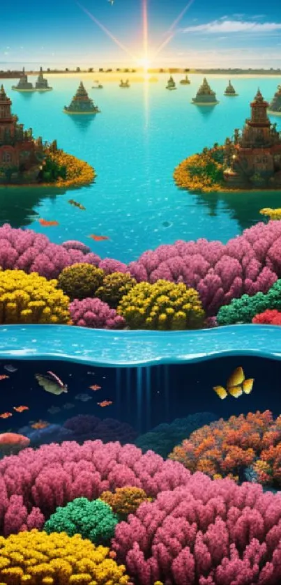 Vibrant underwater fantasy scene with islands and coral reefs.