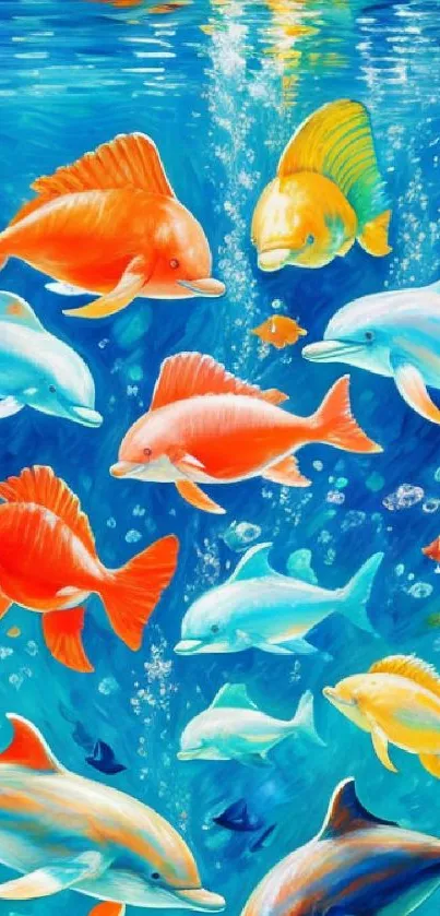 Vibrant underwater marine life wallpaper featuring colorful fish.