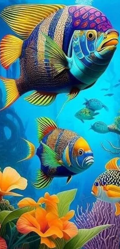 Colorful fish swimming in vibrant underwater scene with tropical flowers.