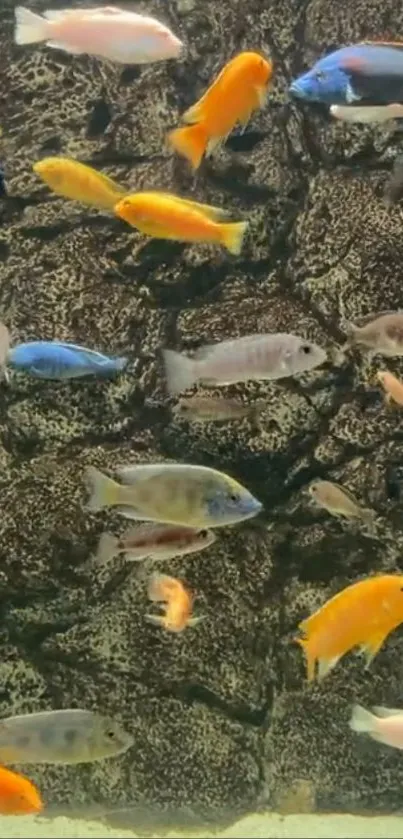 Vibrant fish swim beneath the rocky sea.