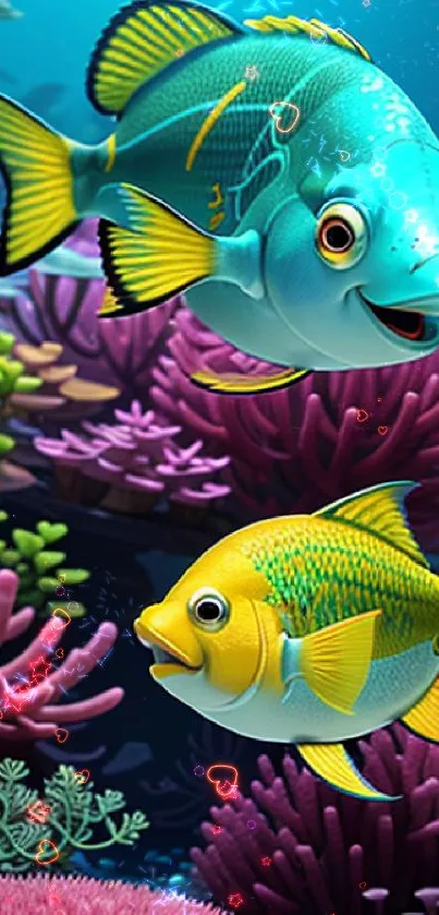 Colorful fish swimming near coral reefs in a vibrant underwater scene.