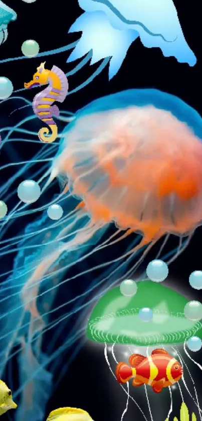 Colorful jellyfish and seahorses in an underwater scene with bubbles.