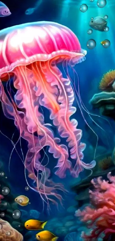 Vibrant wallpaper featuring an underwater scene with a pink jellyfish and colorful coral.