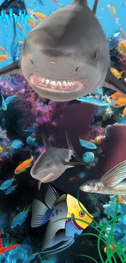 Vibrant underwater scene with sharks and colorful fish.