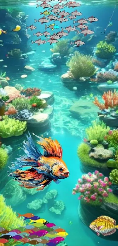 Colorful underwater landscape with coral reefs and fish.