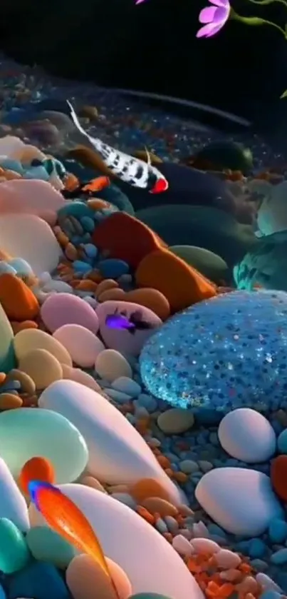 Colorful underwater scene with koi fish and pebbles.