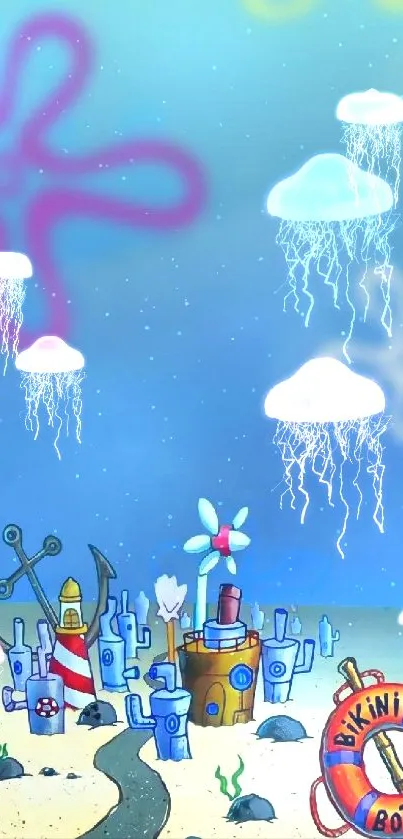 Cartoon underwater village with colorful buildings and blue background.