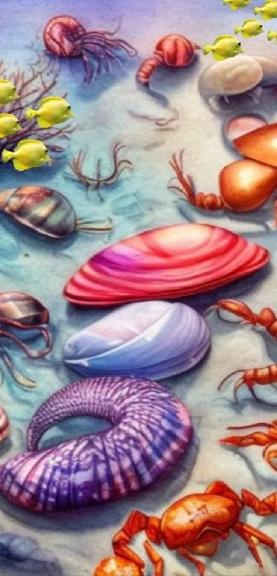 Colorful underwater scene with shells, crabs, and fish on the ocean floor.