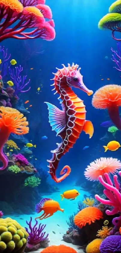 Colorful seahorse among coral and fish in an underwater scene.