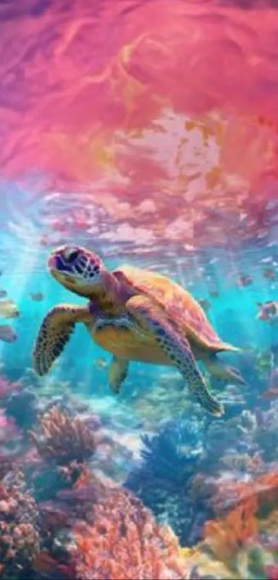 A colorful underwater scene with a sea turtle swimming in vibrant coral.