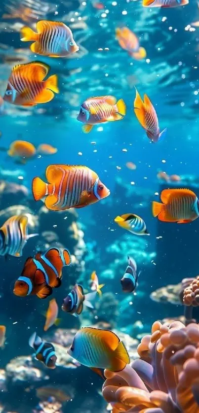 Colorful fish swimming in a vibrant underwater coral reef scene.
