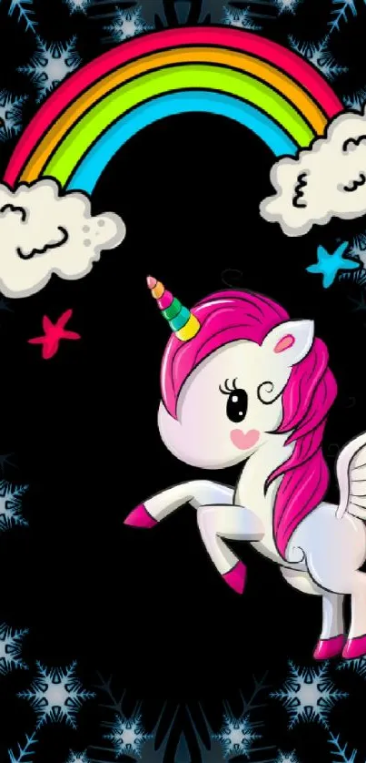 A cute unicorn and rainbow on black background wallpaper.