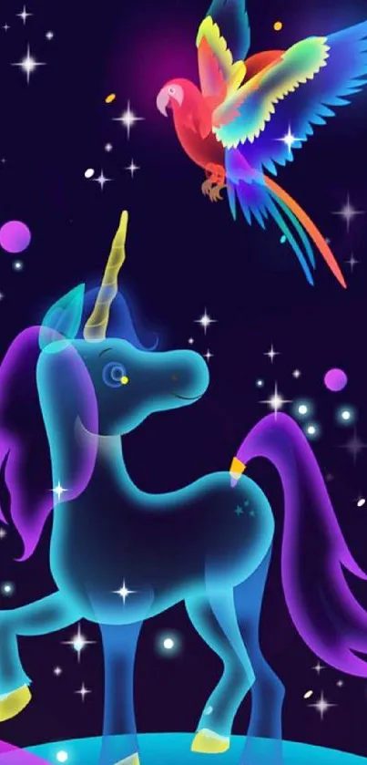 Vibrant unicorn and parrot mobile wallpaper in a starry galaxy.