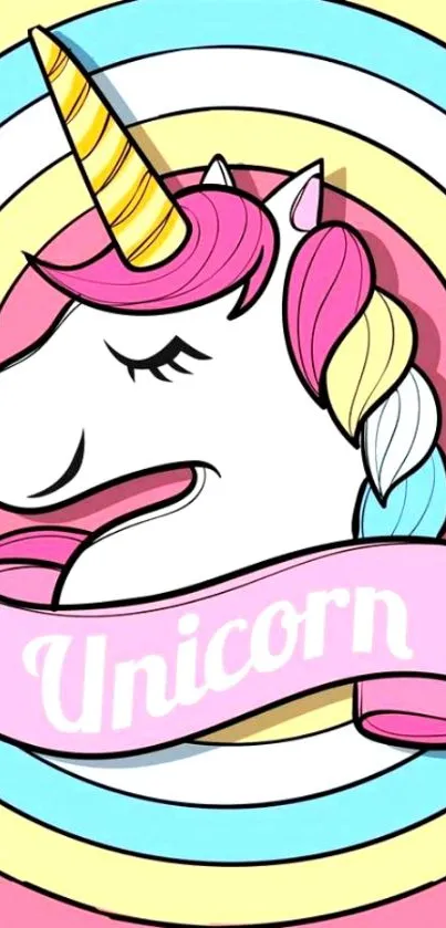 Colorful unicorn art against pastel rainbow background.