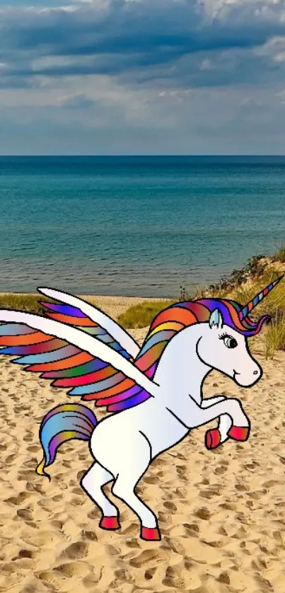 A colorful unicorn stands on a sunny beach.