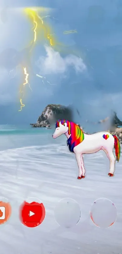 Unicorn on a stormy beach with lightning in the sky.