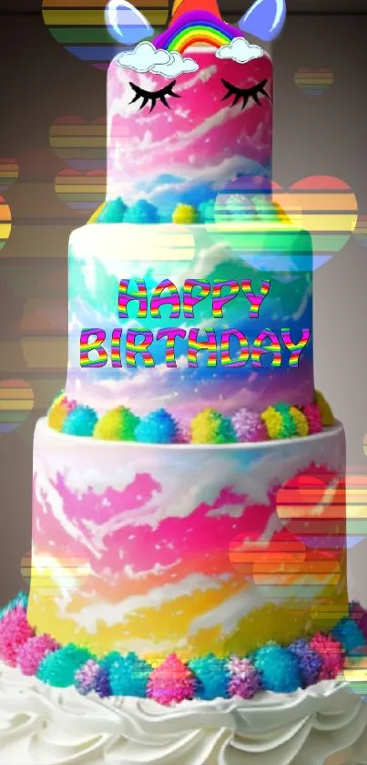 Vibrant unicorn-themed birthday cake wallpaper with rainbow colors.
