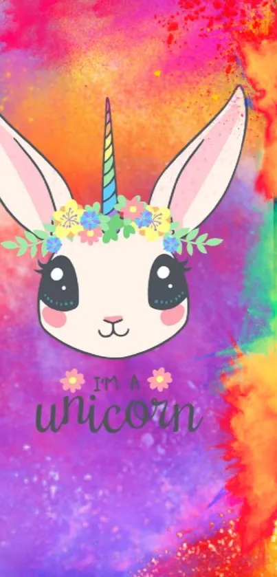 Colorful unicorn bunny with a floral headband on a vibrant background.