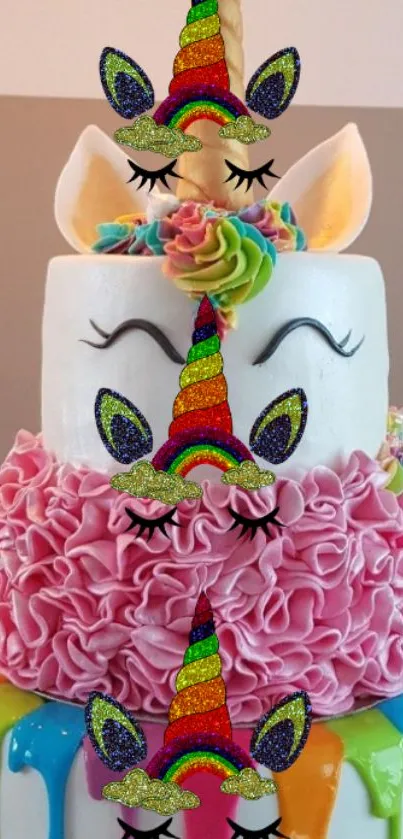 Colorful unicorn-themed cake with rainbow accents and pink ruffled frosting.