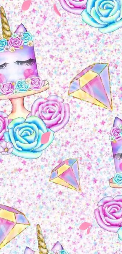 Whimsical unicorn cake wallpaper with vivid flowers and sparkly diamonds.