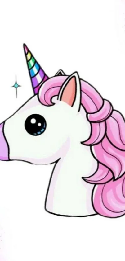 Adorable unicorn cartoon wallpaper with a pastel pink mane and colorful horn.