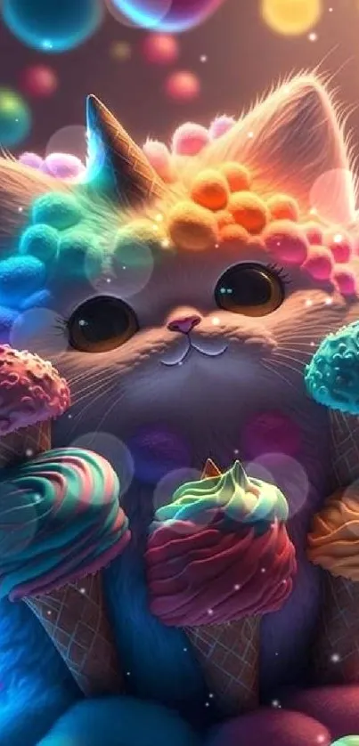 Cute unicorn cat with colorful ice cream cones.