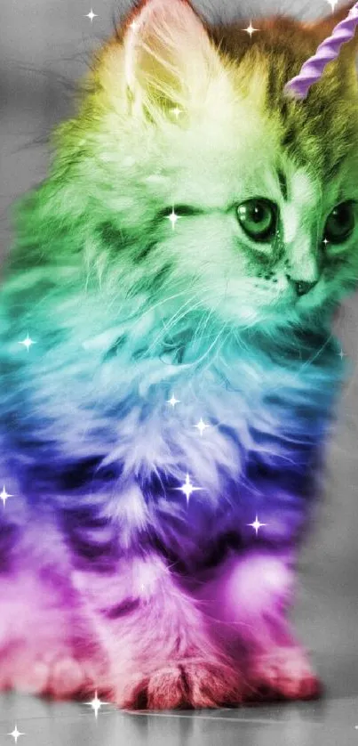 Kitten with rainbow fur and unicorn horn in a vibrant wallpaper.