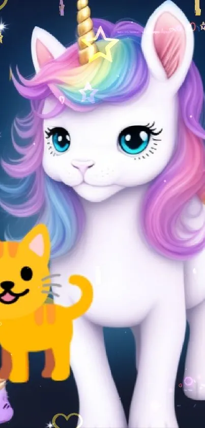 Unicorn with rainbow mane and cat on a starry background.