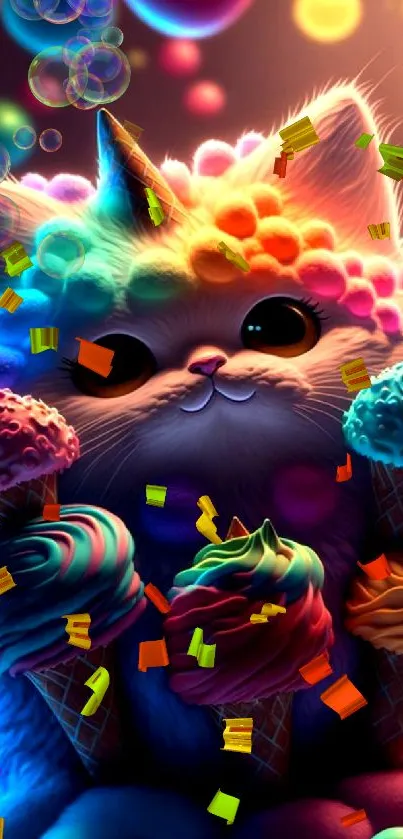 Vibrant unicorn cat with rainbow colors and ice cream cones.