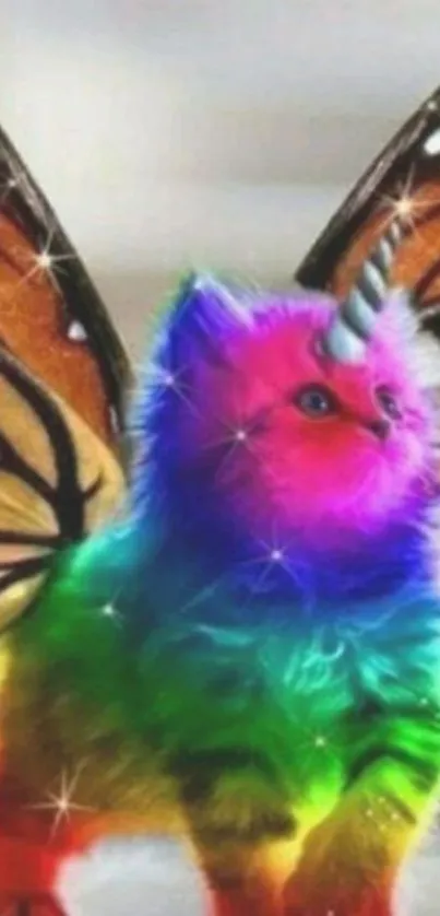 Rainbow unicorn cat with butterfly wings, vibrant and magical.