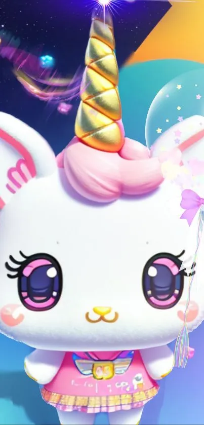 Adorable cartoon unicorn cat with colorful horn and pink highlights.