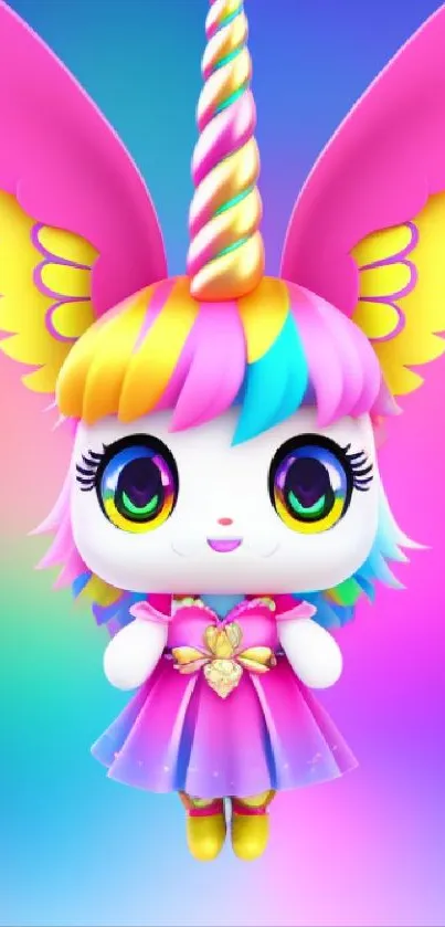 Cute unicorn character with colorful wings and rainbow background.