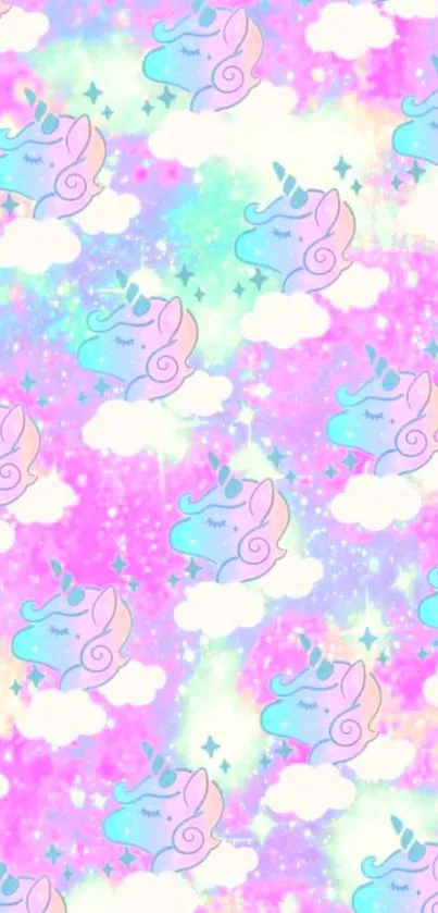 Colorful unicorns and clouds wallpaper.