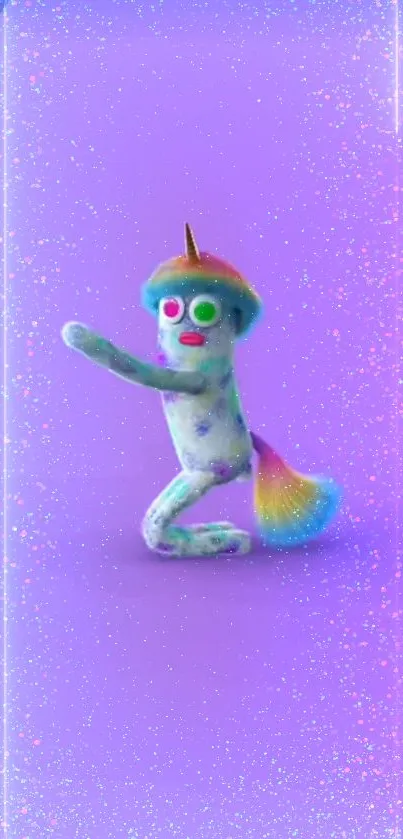 A whimsical unicorn creature with vibrant colors on a sparkling purple background.