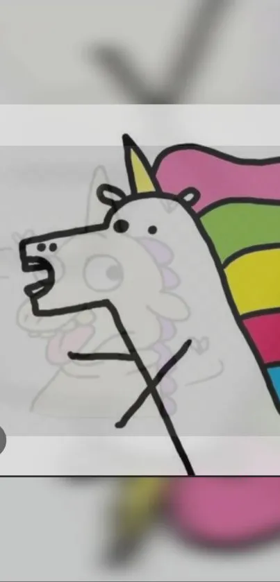 Colorful cartoon unicorn with rainbow mane on a white background.