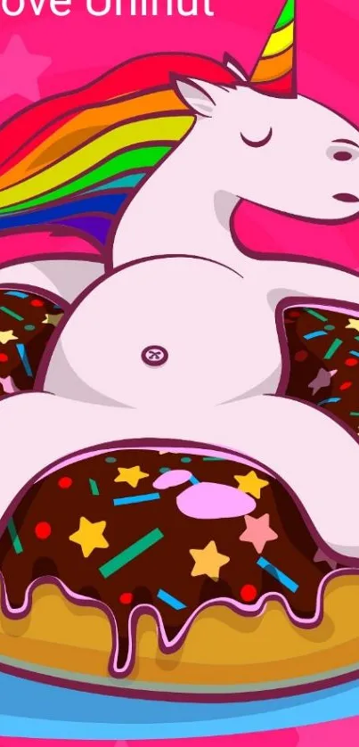 A unicorn lounging on a donut with a colorful, pink background.