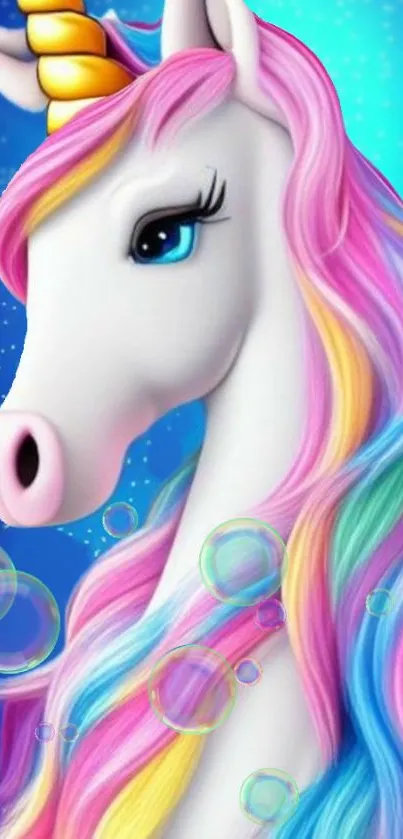 Unicorn with rainbow mane and bubbles on blue background.