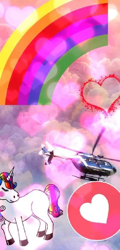 Colorful wallpaper with unicorn, rainbow, helicopter, and clouds.